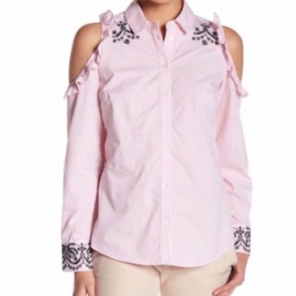 Nanette Lepore Striped Cold Shoulder Blouse L - Picture 2 of 9